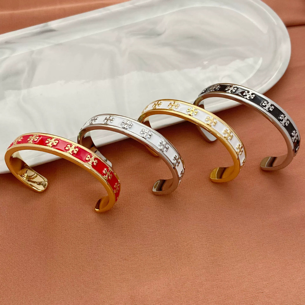 Tory Burch Enamel Inlaid Letter Open Bangle Metal